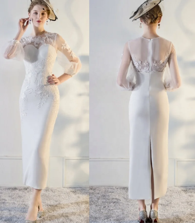 

#1228 Simple Elegant Scoop Long Sleeve Lace Applique Ankle Length Sheath Sheer Back Slit Wedding Dress Bridal Gowns