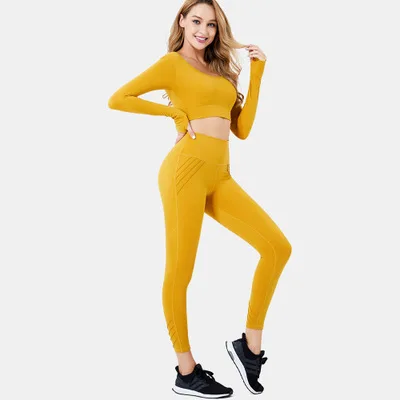 

2020 Fall Winter Plus Size Bright Color Yoga Set Long Sleeve Crop Top High Waist Legging Yoga Pants Sports Set, 3 colors, black, yellow and light purple