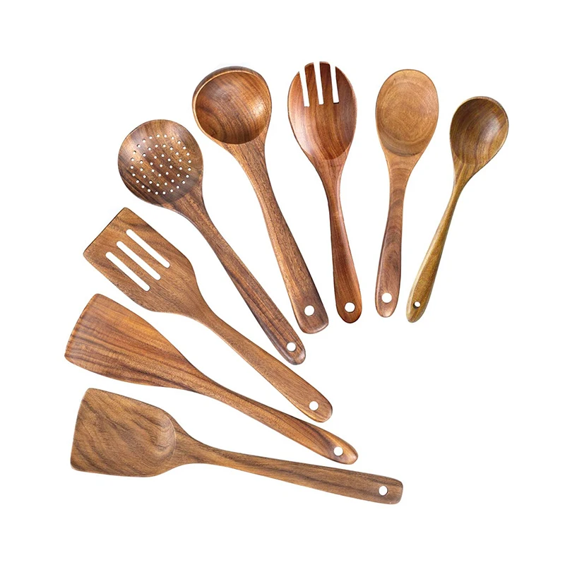 

Natural Teak Nonstick Wooden Kitchen Utensil Set Wooden Spoons Spatula Slotted Spoons Strainer Cooking Tools Sets, Natural wood color