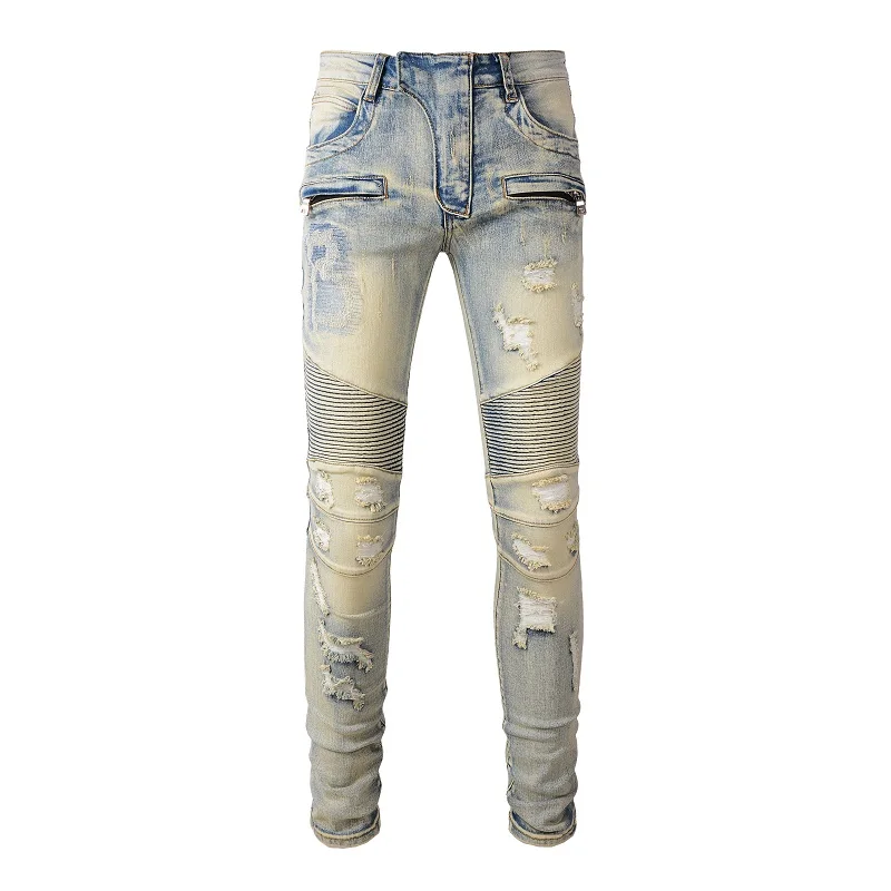 

Rts For Dropshipping 979 Wholesale Elastane Cotton Fabric Slim Stretch Men Biker ripped Jeans damaged jean skinny denim jeans