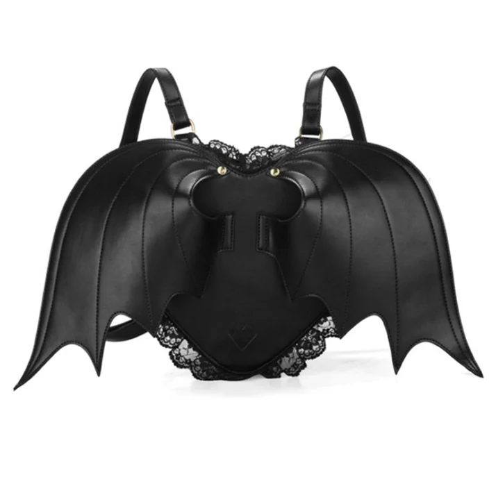 

Ins hot sale Black Angel design heart Ita backpack lolita stylish lace decoration women backpack with bat wings, As picture show