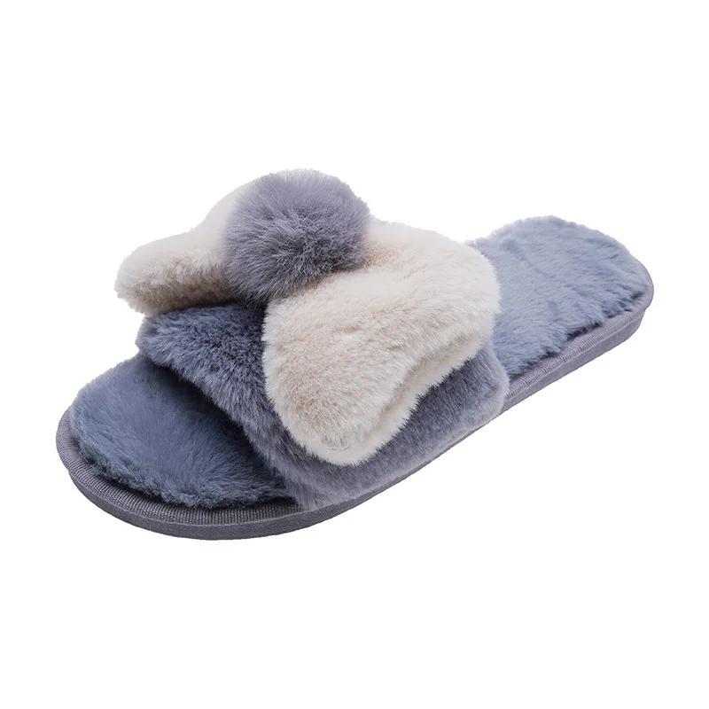 

Dropshipping Winter Home Cute Girl Slippers Color Matching Open-Toed Plush Flat Ladies Slippers