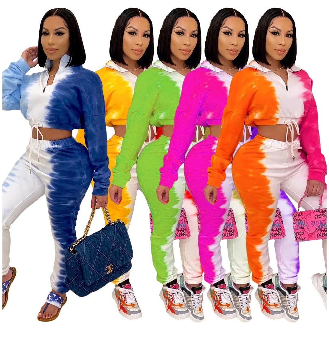 

Wholesale Clothing Vendors Contrast Tie Dye Printing Slim Outfit 2 Piece Pants Set women fall 2021