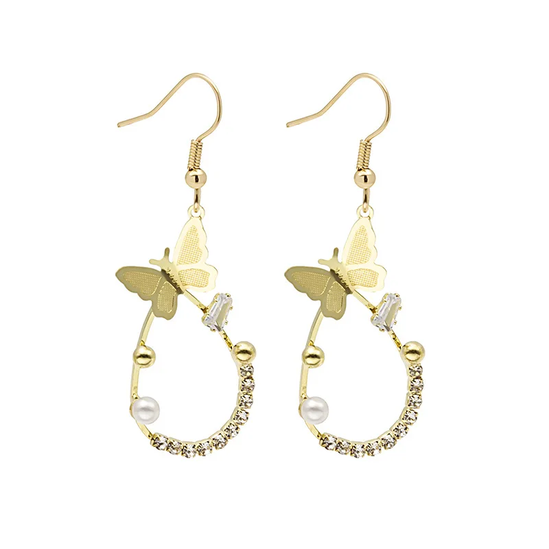 

New Trendy Circle Crystal Butterfly Pendant Earrings Gold Plated Pearl Beads CZ Butterfly Drop Earrings For Women