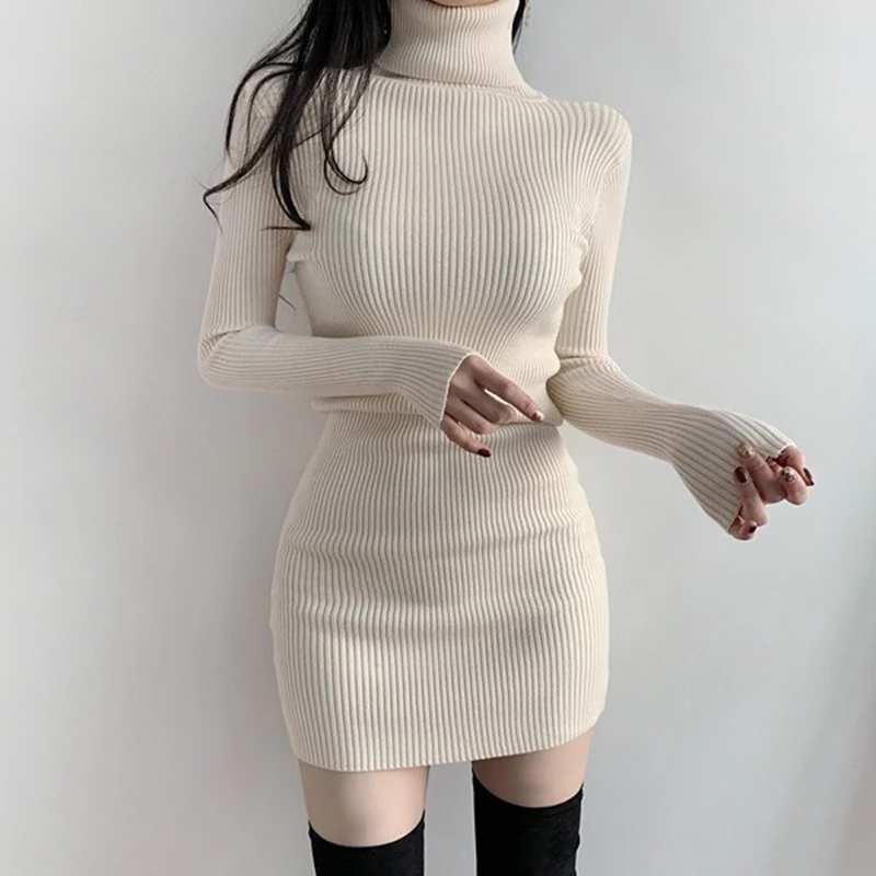 

Autumn Winter Fashion High Collar Slim Show Thin Temperament Long Sleeve Solid Color Knitted High Waist Casual Mini Dress, Black;white