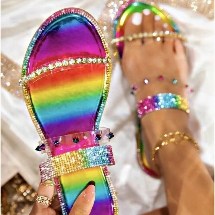 

Shiny Jelly Sandals 2021 Summer Women Diamond Sandals Rainbow Flat Lady Slippers Outdoor, 2 colors