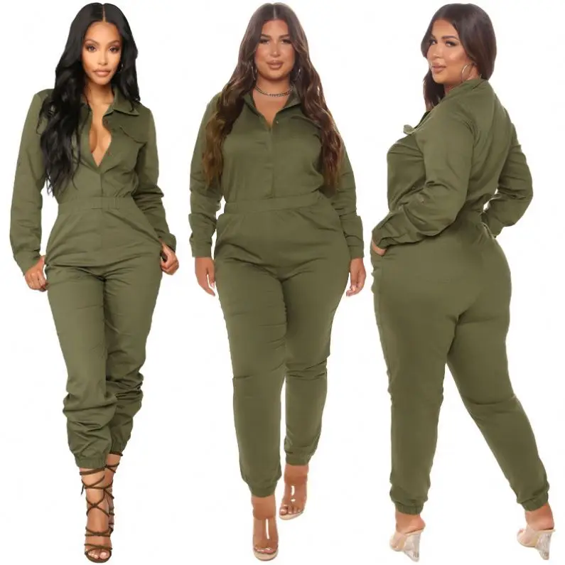 

Amazon Hot Selling Cotton Army Green Plus Size Pants Romper Long Sleeve Women Jumpsuit, Color