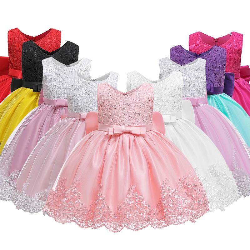 

Wholesale sleeveless princess dresses Bow lace princess cake clothes for kids children flower girl dresses with big waistband, Customized color