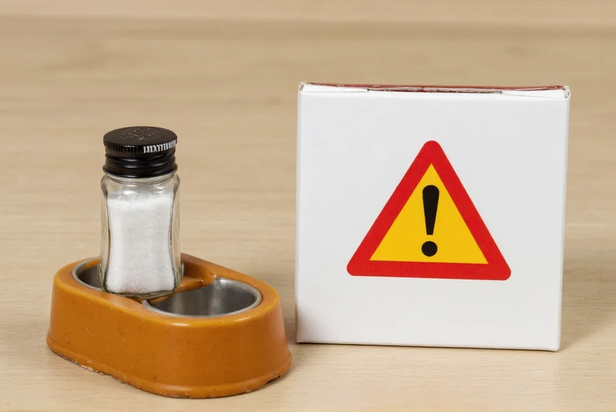 Close-up of salt shaker next to dog bowl with warning sign