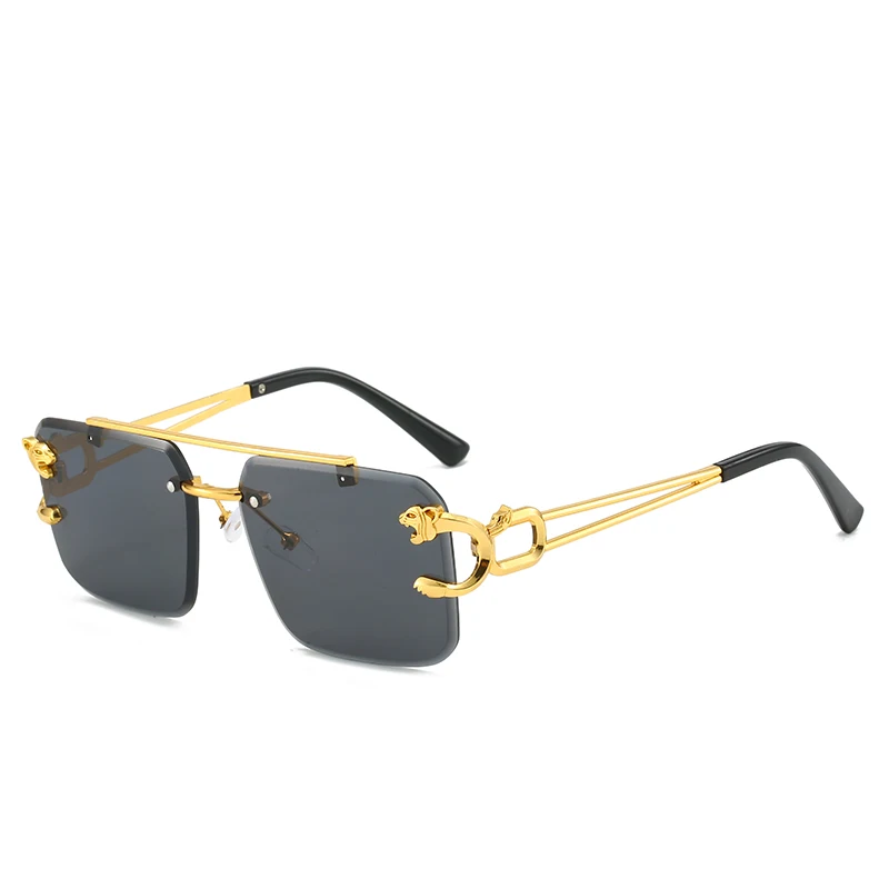 

New Products 2023 Retro Vintage Diamond Cut Double Bridge Leopard Unisex UV400 Rimless Custom Sunglasses Men