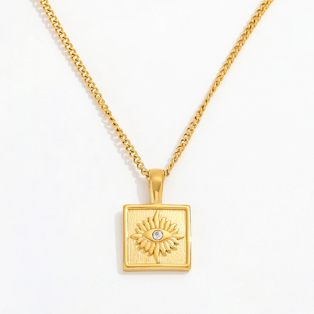 Joolim High End 18K PVD Gold Plated  Waterproof Tarnish Free Burst CZ Eye Square Pendant Stainless Steel Necklace