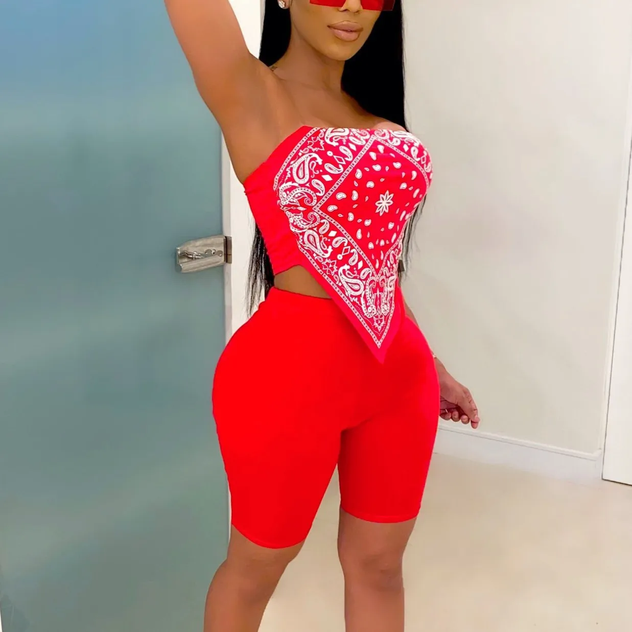 

W0472 2020 summer new arrivals Club sexy floral print strapless bandana two-piece set hot sale
