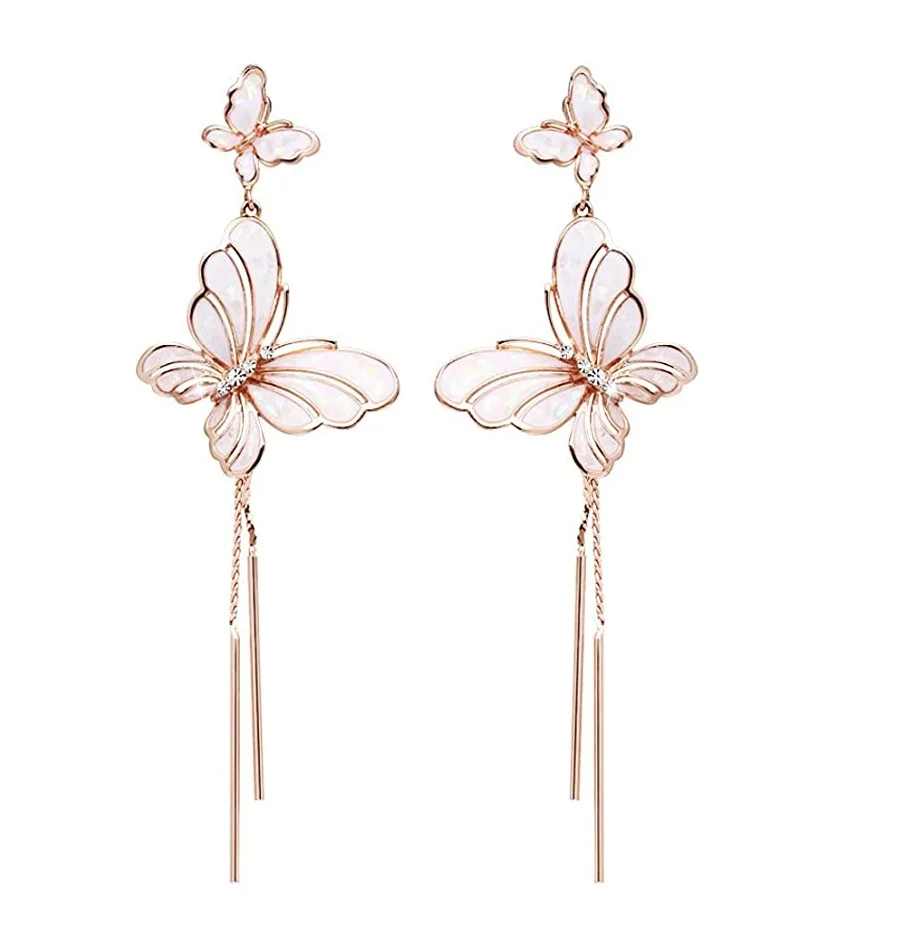 

Fashion Rose Gold Light Pink Enameled Earrings Butterfly Dangle Tassel Long Earrings for Women, Picture shows