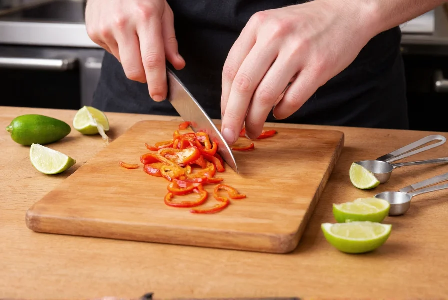 Chef's hands carefully slicing fresh red jalapeño peppers on bamboo cutting board with measuring spoons and lime wedges