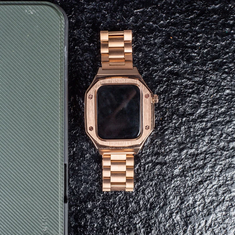 

Luxury Stainless Steel Strap Bumper Case for Apple Watch 7 6 5 4 SE Modification Metal Cover Leather Band for iWatch 44 45mm