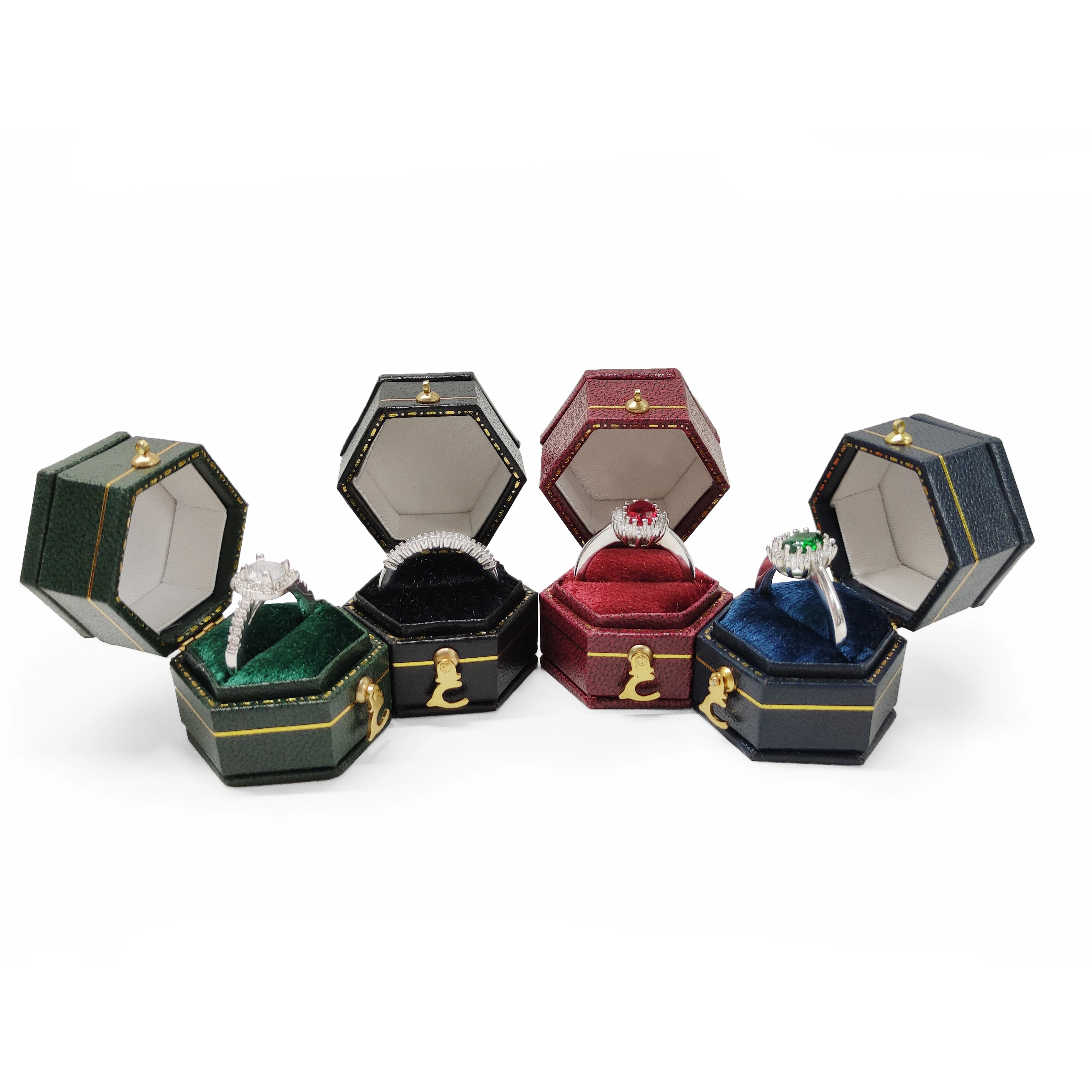 

Manufacturer custom-made vintage hexagonal ring box mini ring box antique pose props, Deep red/navy blue/earth green/retro black