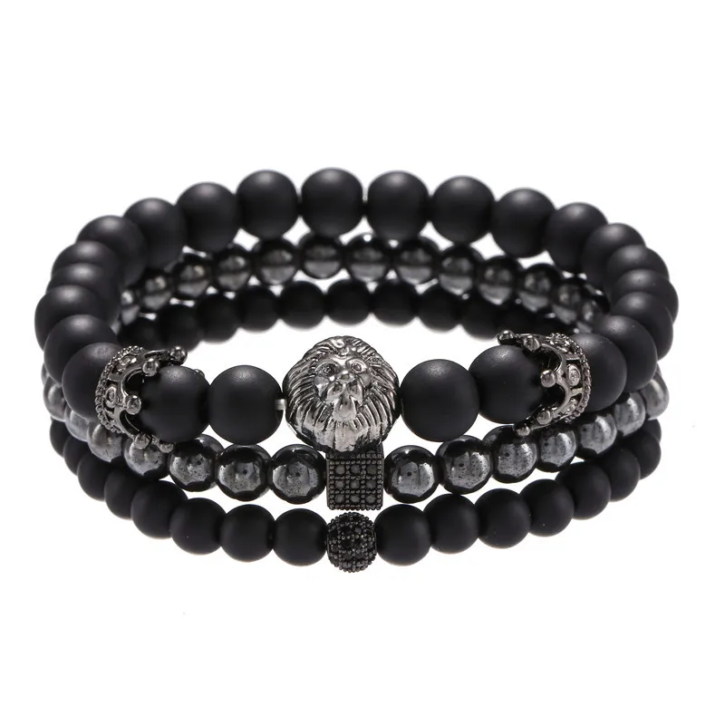 

High Quality Hot Selling CZ Mirco Pave Ball Lion Charm Natural Stone Beads Elastic Bracelet Set Men Jewelry