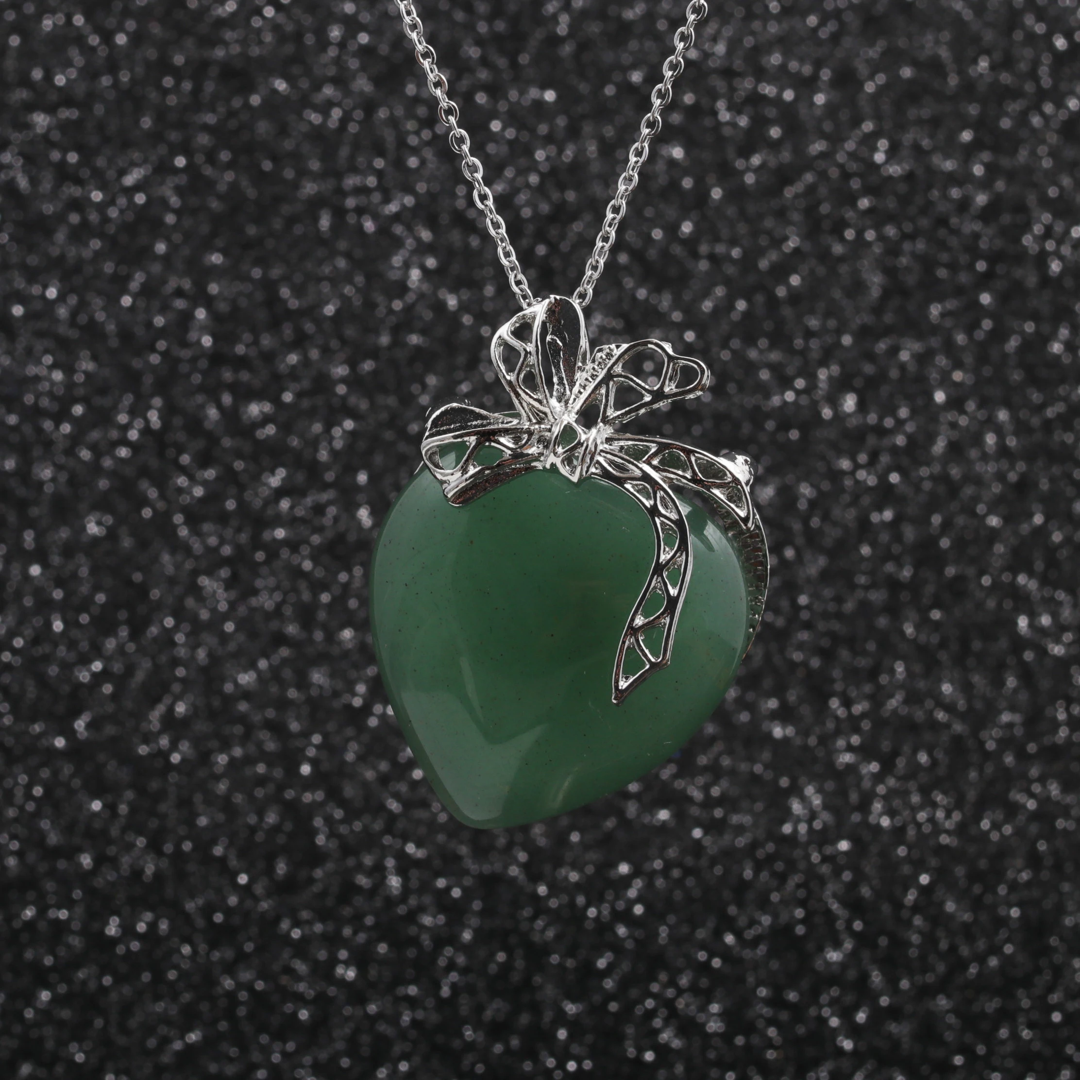 

Hot selling stainless steel chain luxury natural stone Green Aventurine bowknot pendant necklace women, Picture