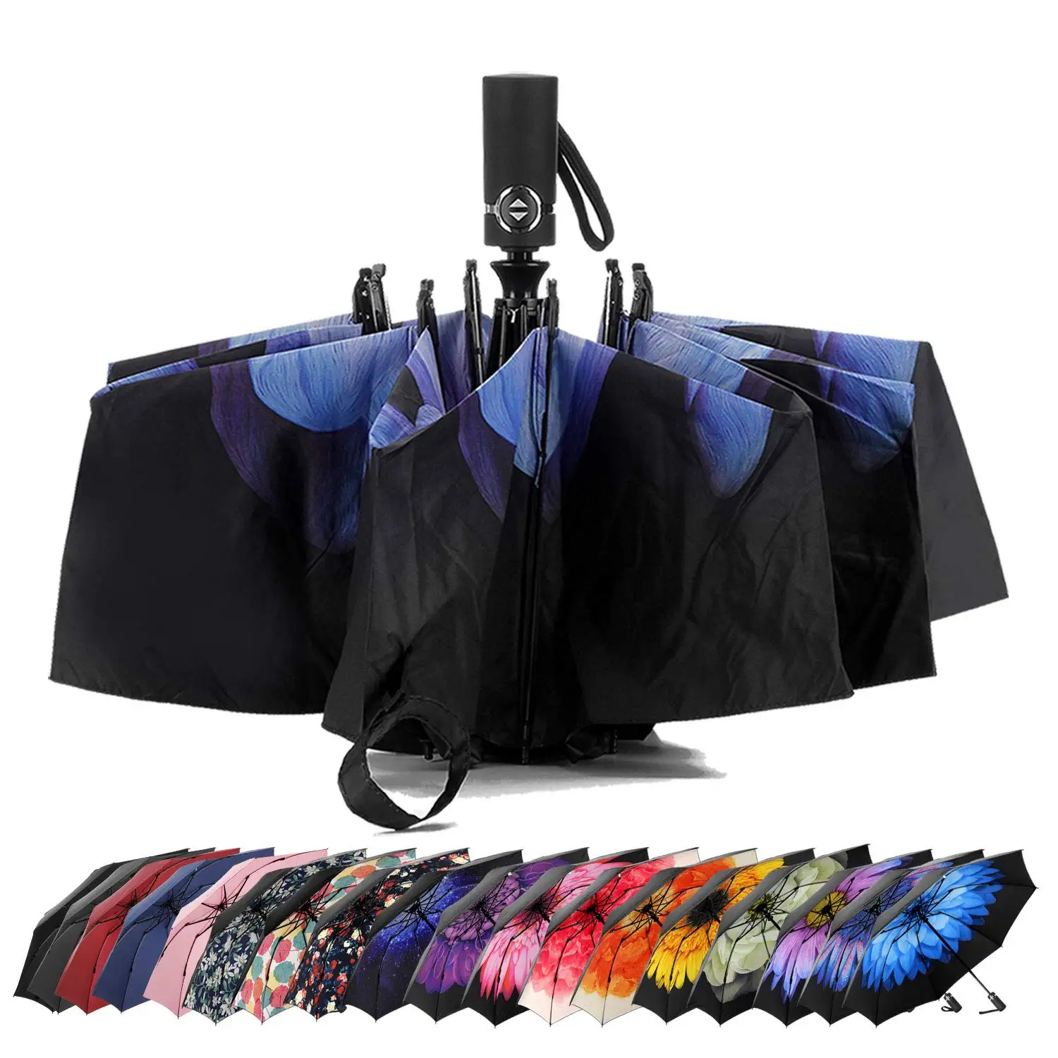

Wholesale upside down windproof automatic 3 folding inverted reverse umbrella, Customized color