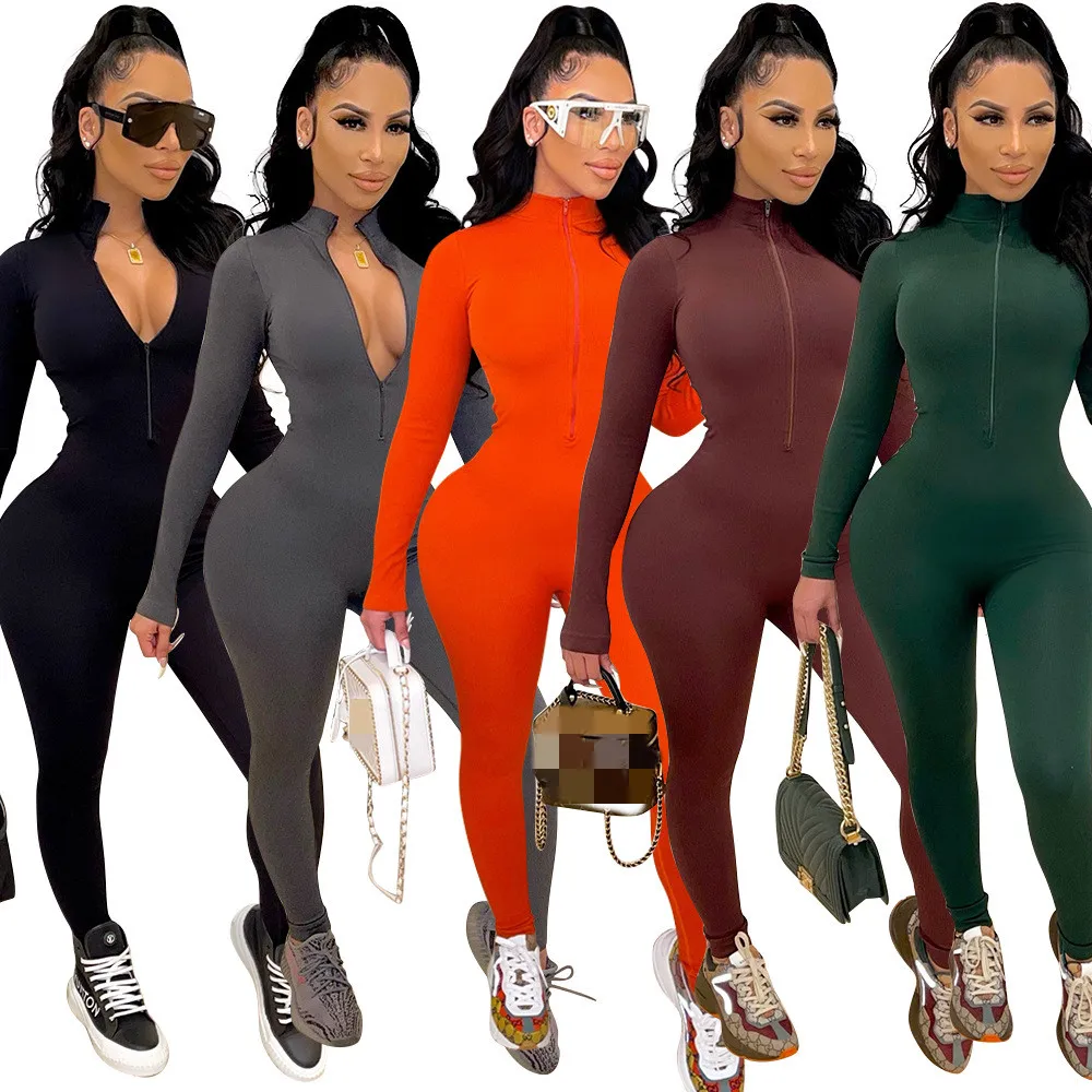 

Newest Design Tight Casual Solid color bodysuit workout autumn long sleeve Zippers high-waist workout bodysuits for women