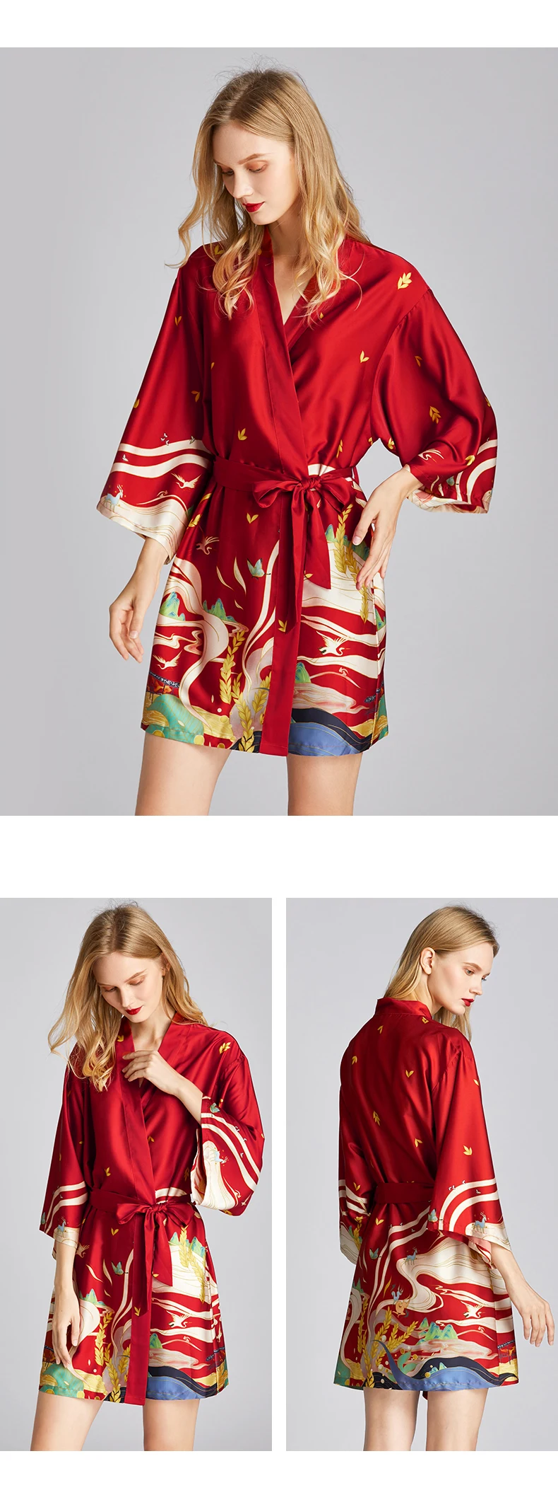 new arrival wholesale Satin Kimono Robe de marriage floral Sleepwear for women summer short Silky Bathrobe