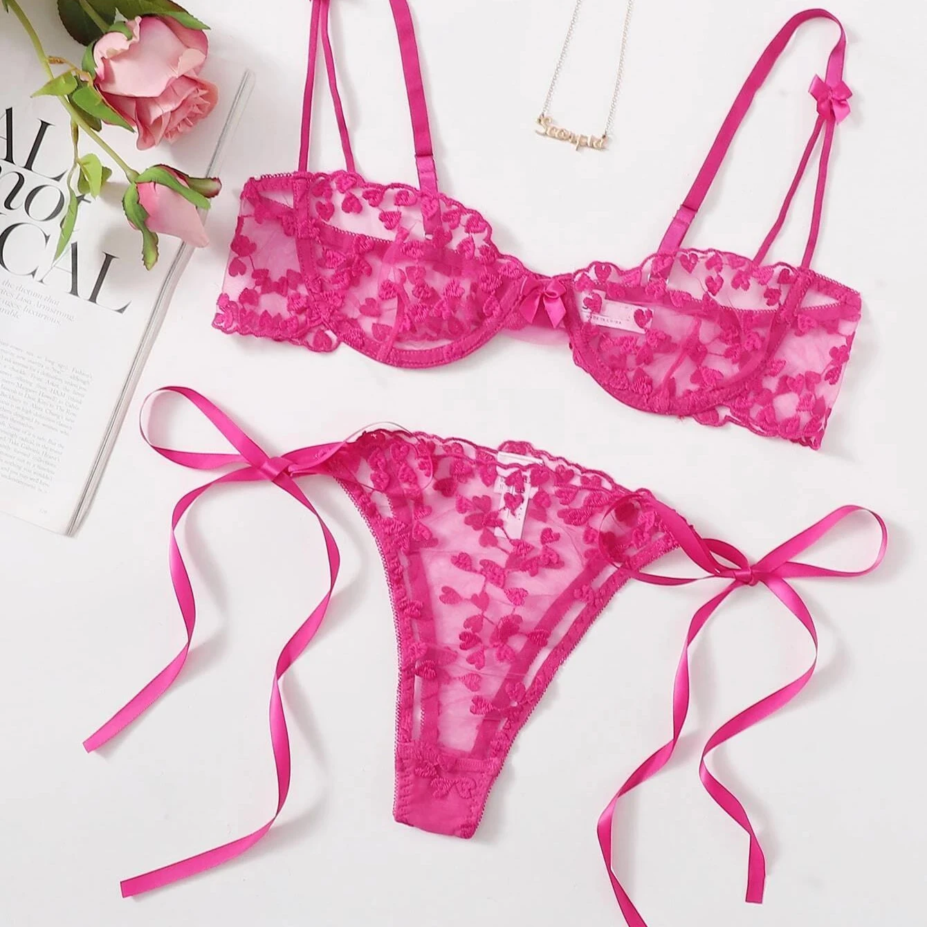 

Heart Embroidered Mesh Underwire Lingerie Set, Black /hot pink