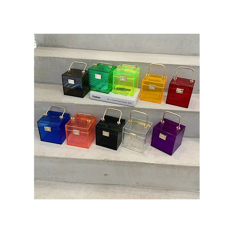 

Clear Acrylic Hand Bags For Women Metal Handle Lock Square Box Jelly Handbag Small Make up Bag Summer Ladies Transparent Purses