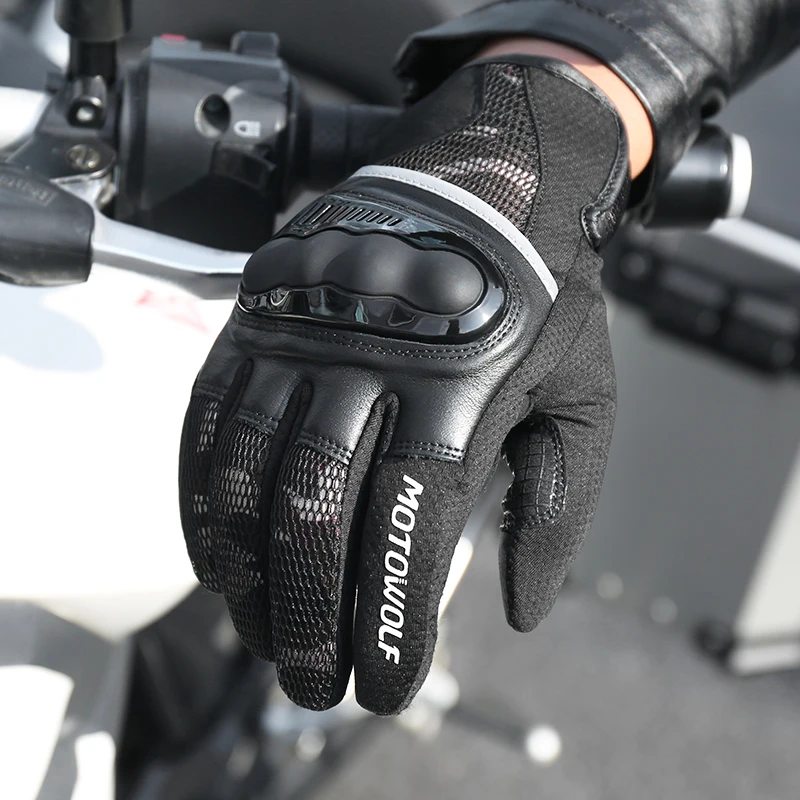 

MOTOWOLF Anti-fall Camouflage Leather Motocross Motor Cycle Guantes MTB Biking Gloves Bike With Touch Screen, Black