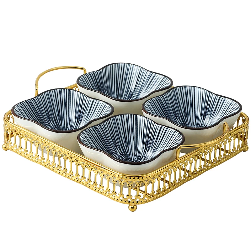 

2021 New Style Wholesale Decorative Ceramic Serving Snack Bowls Set of 4 with Peacock Four Grids Tray, Black/blue