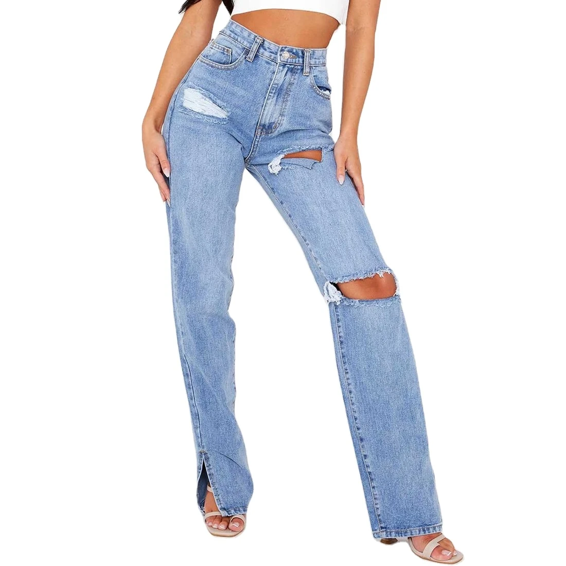 

High quality blue cotton high-waisted straight slit micro-flared jeans denim trousers