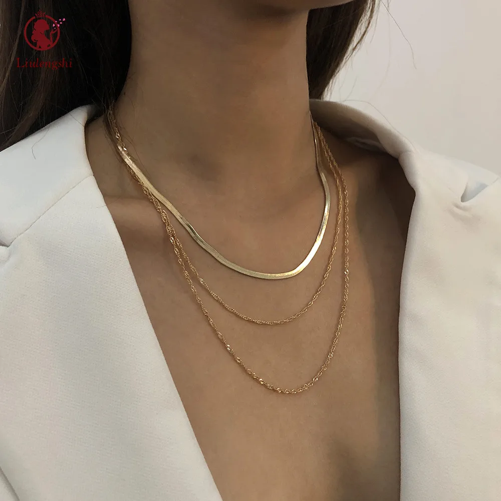 

Multilayer Gold Color Link Chain Necklace Three Layer Gold Plated Snake Bone Chain Necklace For Women Ladies