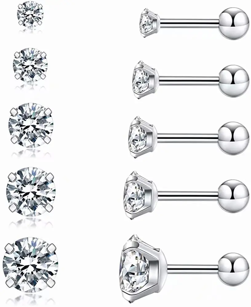 

Cubic Zirconia Hypoallergenic Stud Earrings for Women Men Girls Cartilage Fashion Surgical Steel Helix Earrings 5 Pairs, Optional