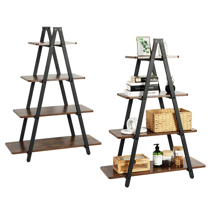 

K&B new design industrial wood 4 tier storage bookshelf triangle bookshelf with storage rack