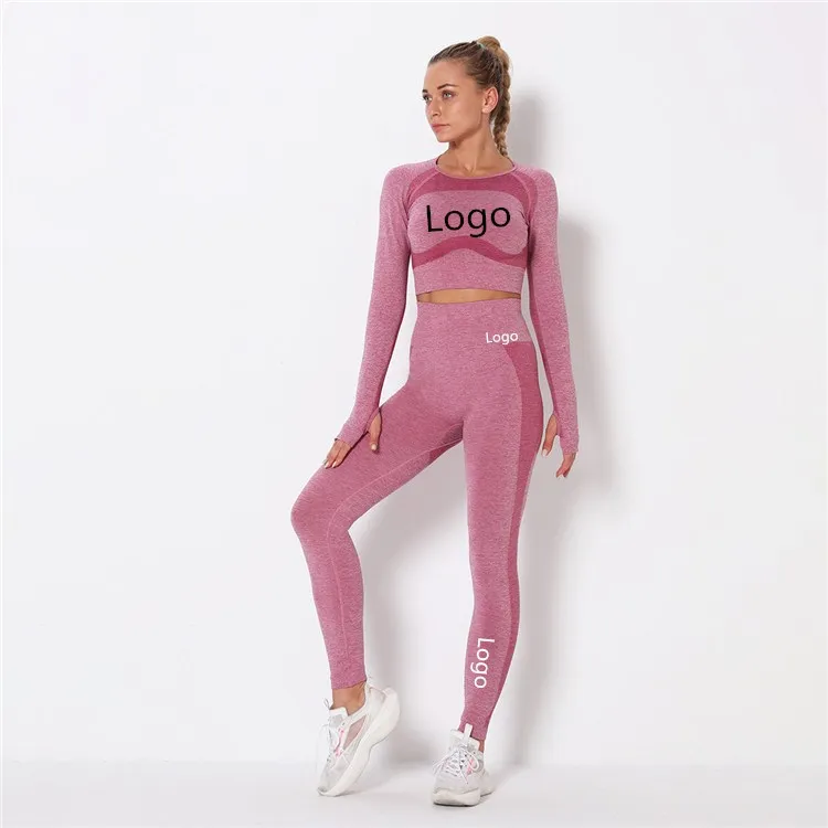 

Custom logo seamless quick drying long sleeve hollow out sports top female tall waist tight lift hips yoga pants fitness suit