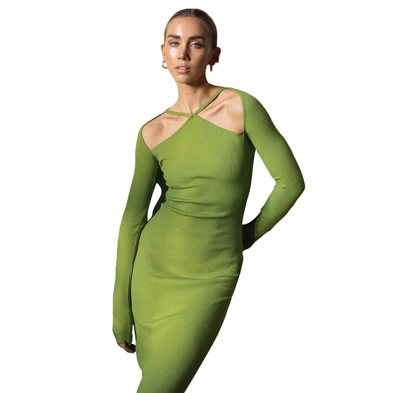 

K20D10301 women's long sleeve hollow out O-neck slim sexy long knitting dress