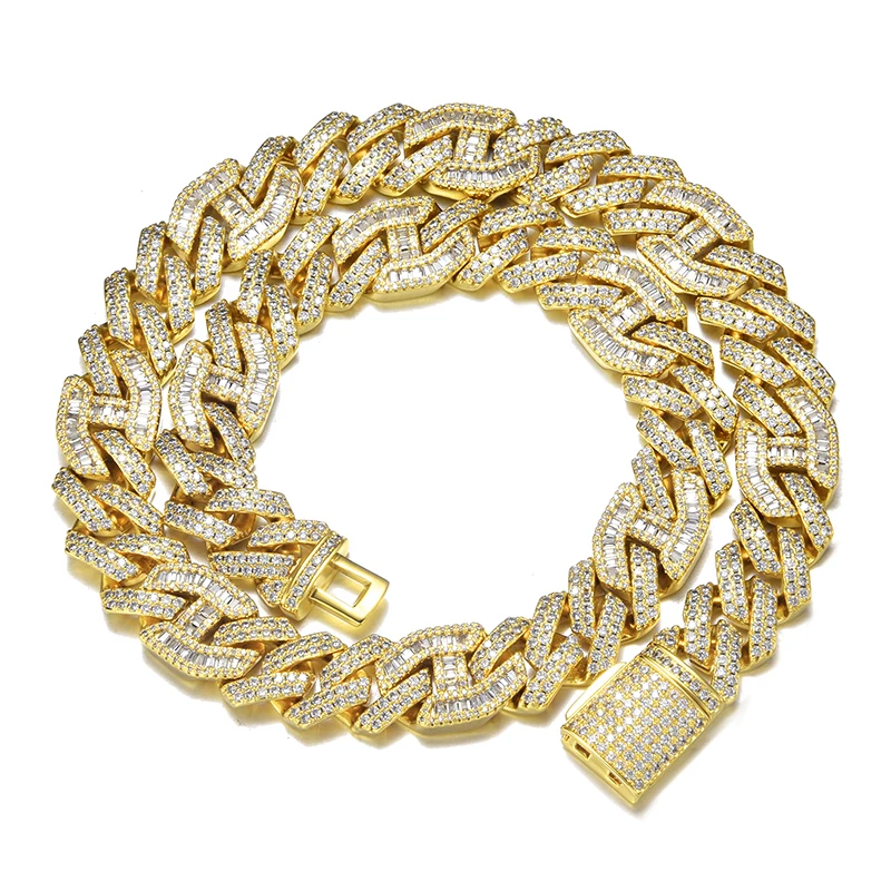 

Hiphop Choker Jewelry Miami Men Heavy Copper 18k Gold CZ Ice Out 15mm Luxury Baguette Diamond Cuban Link Chain Necklaces, Gold sliver