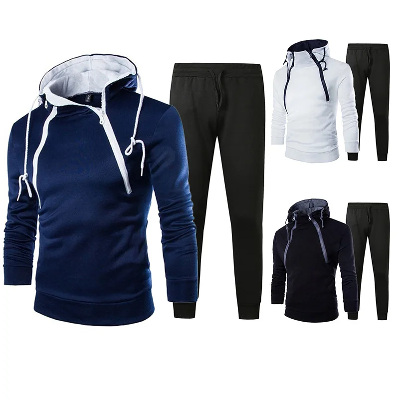 

New stylish double zipper cardigan in contrasting colors with men's hooded jacket suit, Picture