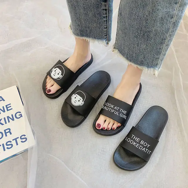 

Boys and girls couple cartoon slippers wear home soft bottom non-slip beach flat couple shoes sandals, Black, white, transparent
