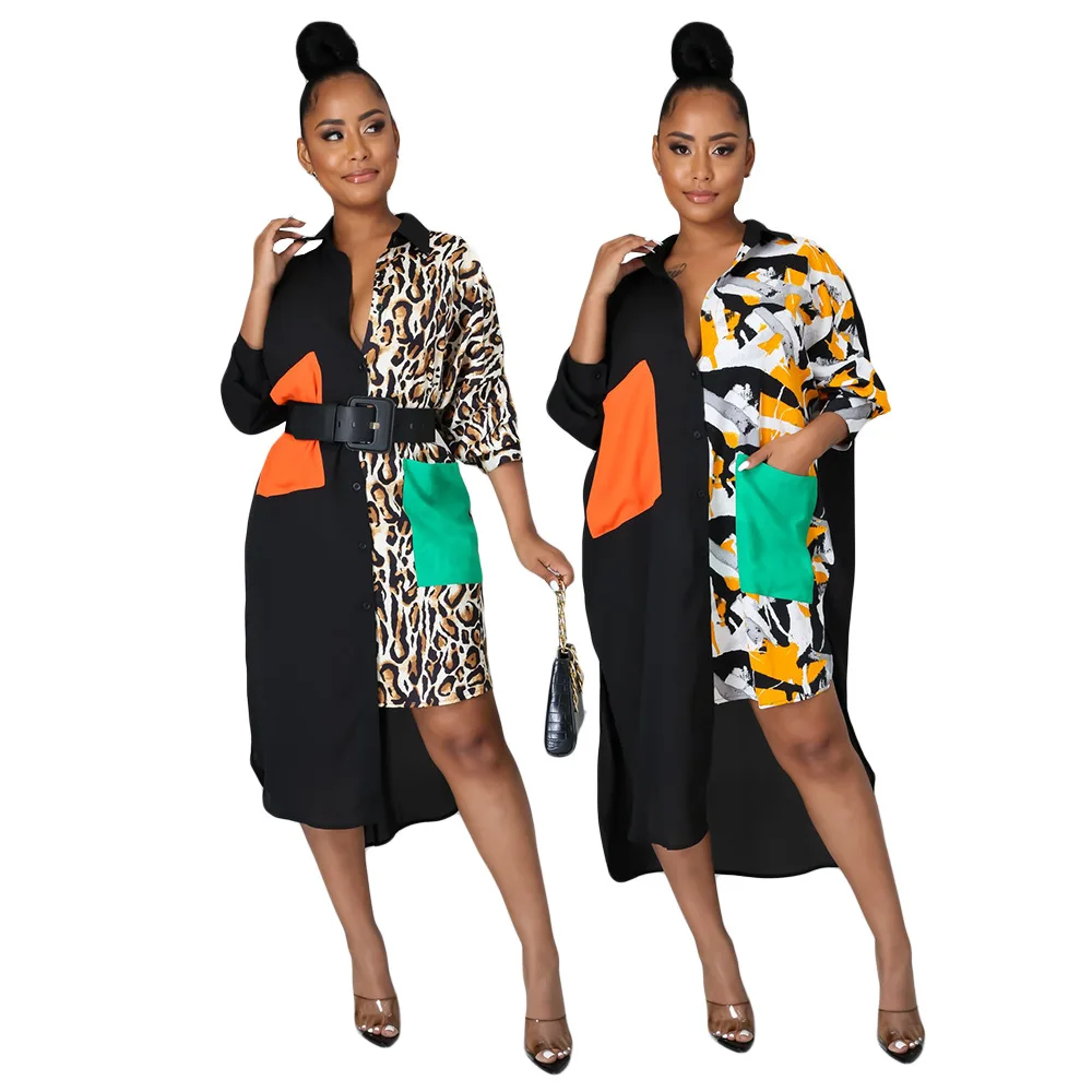 

Fashion Long Sleeve Turndown Print Shirt Casual Dress 2021 Summer Fall Loose Thin Irregular Stitching Pocket Shirt Woman Dress, Picture color