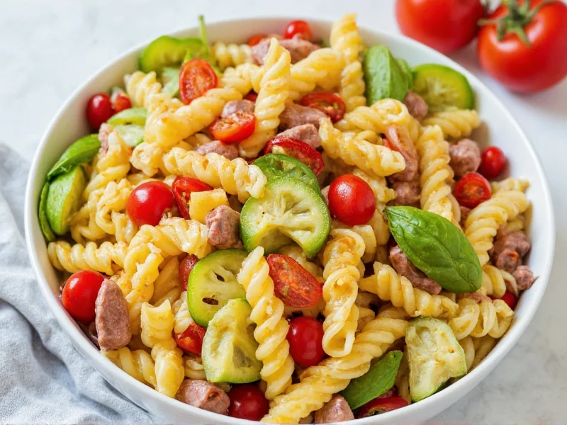 Fresh pasta salad with homemade dressing and colorful vegetables