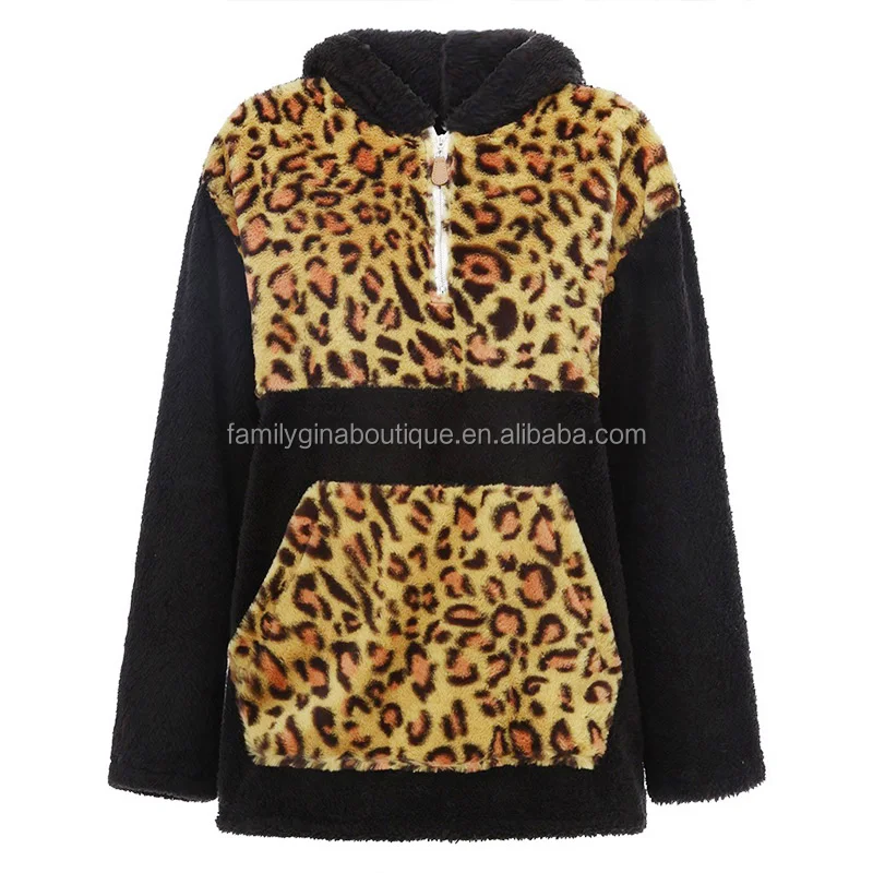 

New Fashion Fleece Top Women Black Patchwork Leopard Sherpa Pullover, As pic show