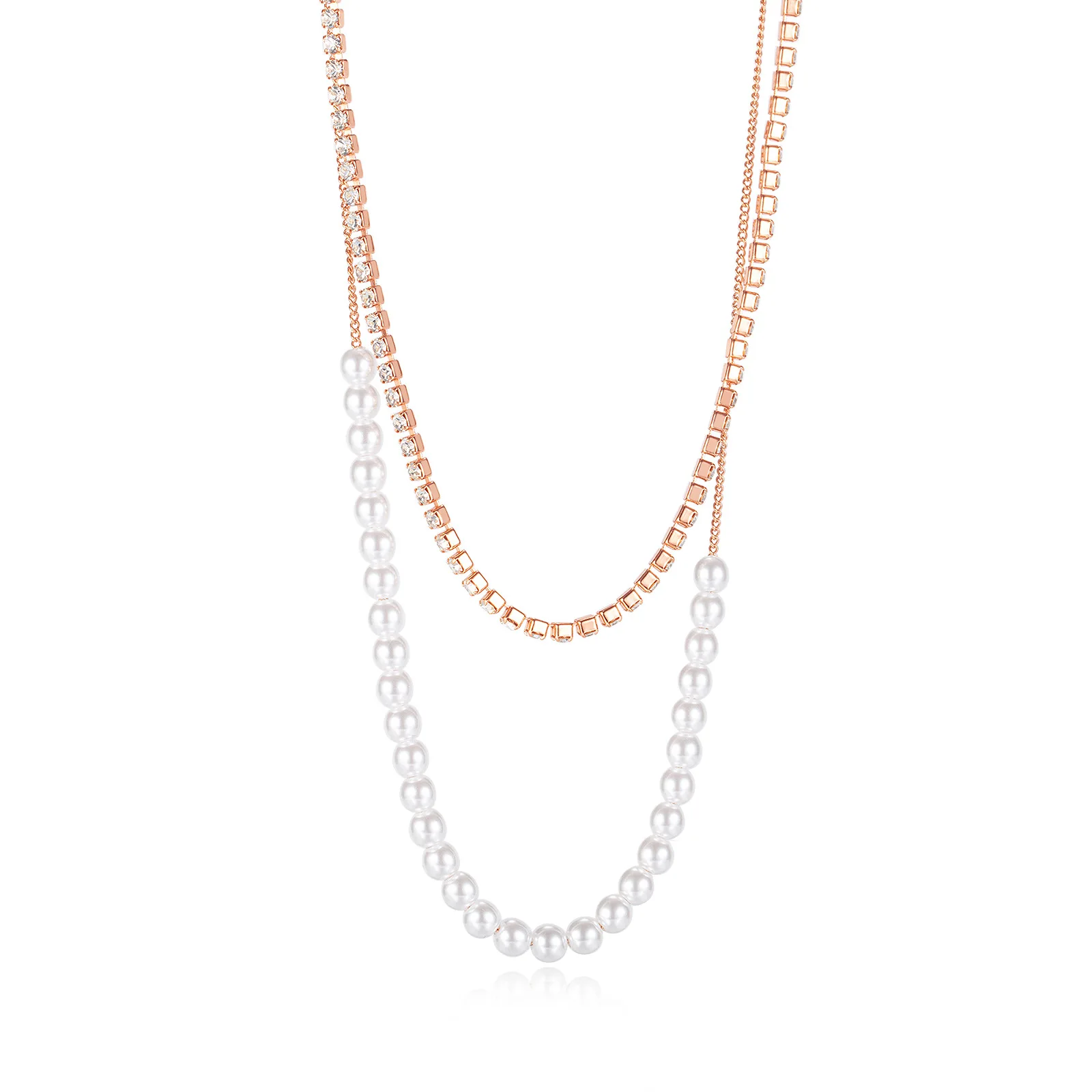 

Fashion stainless steel double layer cz tennis pearl necklace women