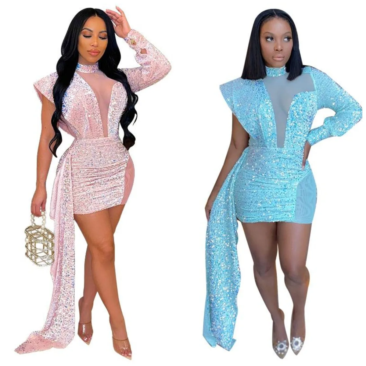 

Spring Mesh Patchwork One Sleeve Plus Size Club Dress Sexy Irregular Sequin Ladies Prom Dresses, Picture color