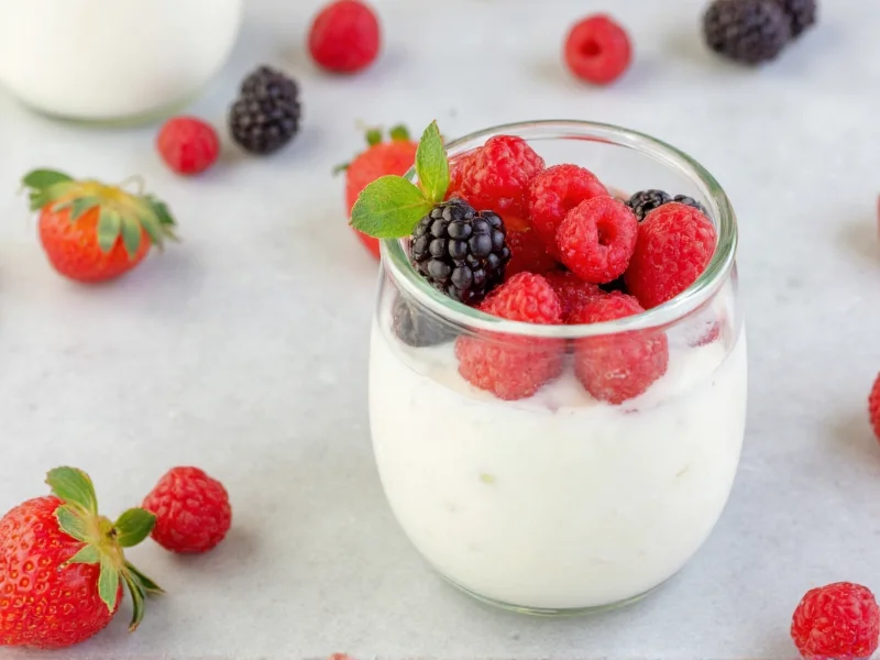 Glass jar with creamy homemade yogurt and fresh berries