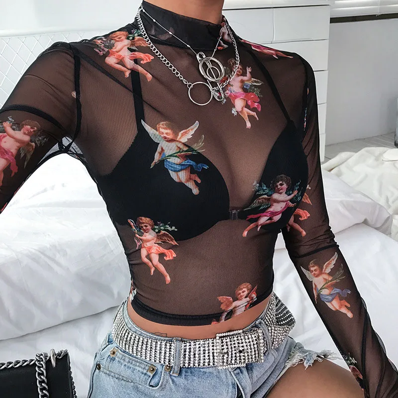 

Sexy T Shirt See Through Transparent Mesh Tops Long Sleeve Sheer Slim Ladies Turtleneck T-Shirt New Arrival Women tshirt