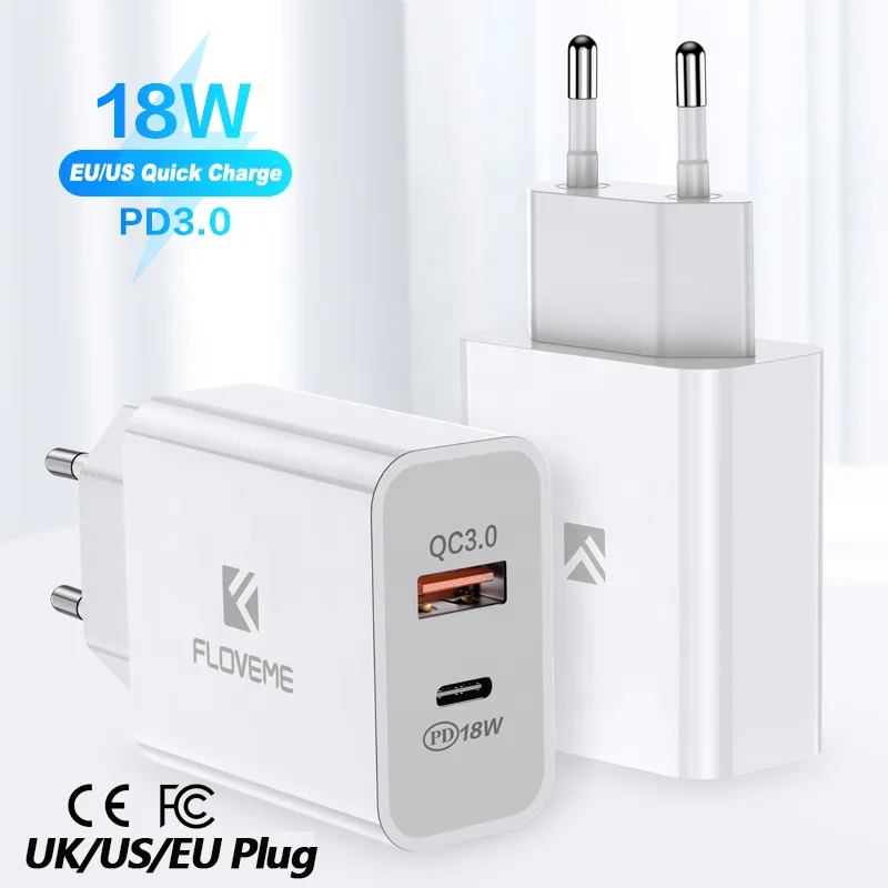 

Free Shipping 1 Sample OK CE FCC FLOVEME EU US UK 18W PD Fast Mobile USB Type C Wall Charger Custom Travel Adapter For iPhone 12