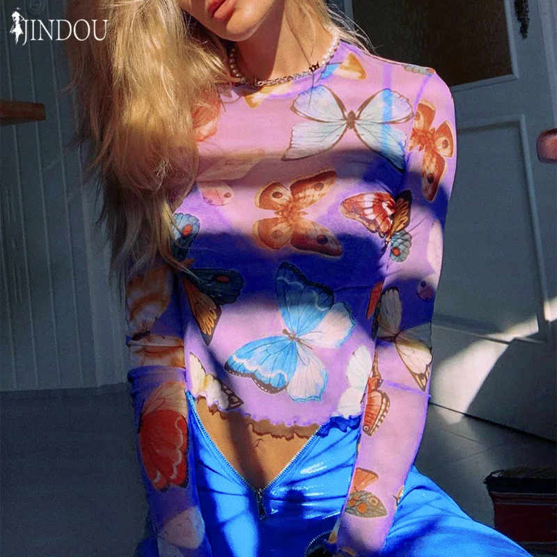 

Ins style streetwear girls hot t shirt sexy net blouse butterfly mesh sheer tops