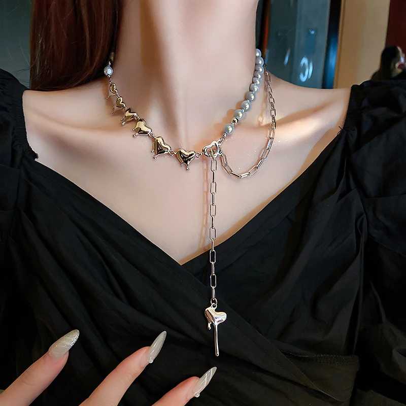 

fashion trendy dangling half opal heart necklace women