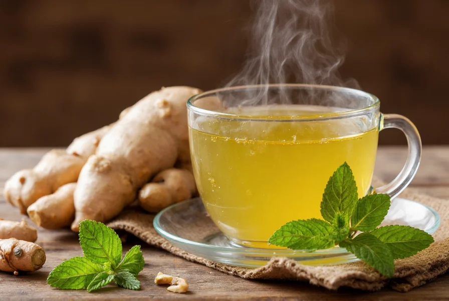 Steaming cup of ginger mint tea with fresh ingredients beside it on rustic background