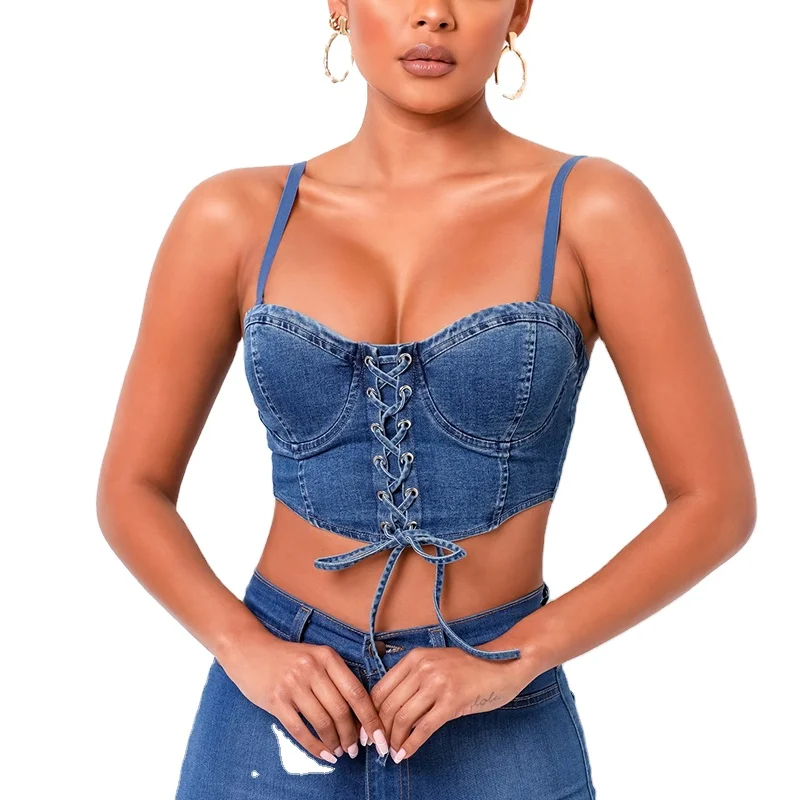 

2022 Woman Tops Fashionable Crop Top Off Shoulder Straps Hot Sexy Denim tops for Women